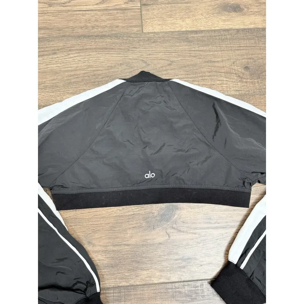 Alo Yoga Racetrack Shrug Black White Crop Jacket Zip Long Sleeve Sz XS